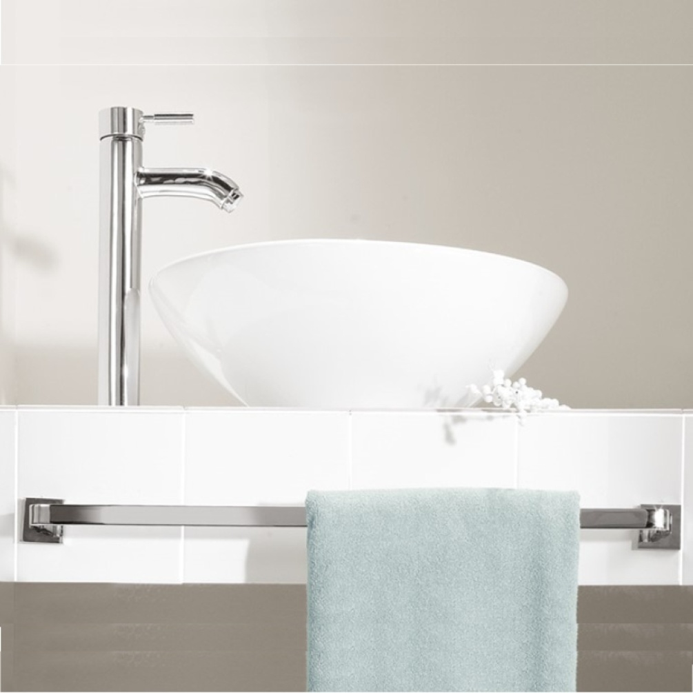Product Lifestyle image of the Crosswater Zeya 600mm Towel Rail mounted underneath a countertop basin